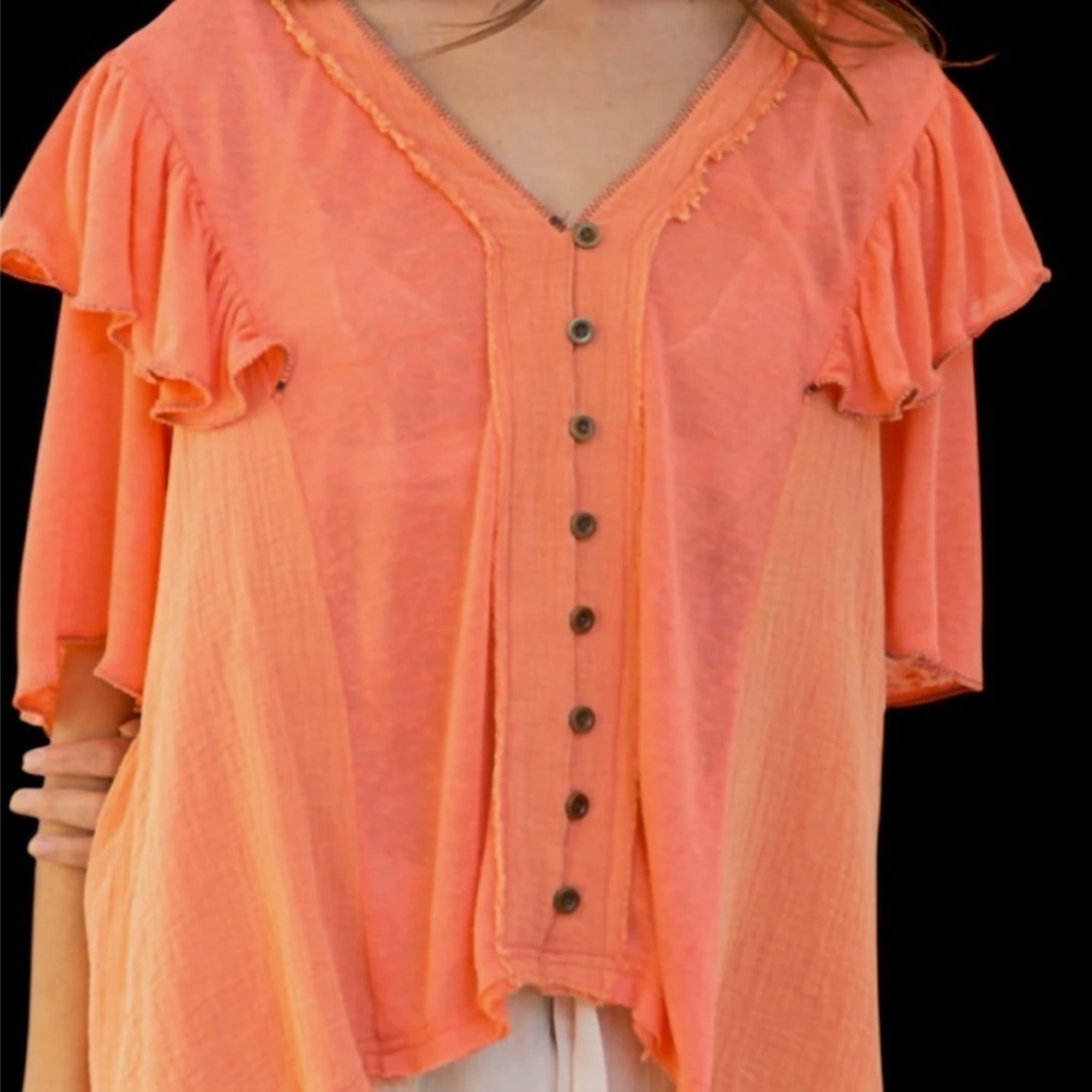 POL Coral Button-Down Ruffle Top